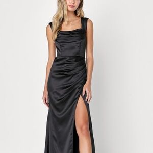 Lulus Stunning Arrival Black Satin Off-the-shoulder Maxi Dress - Size S